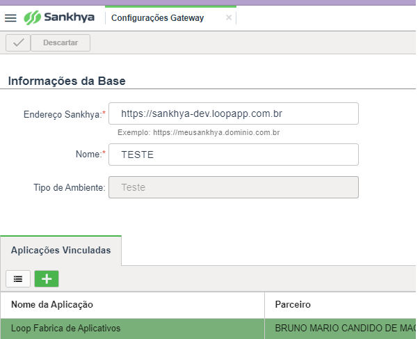 Tela Configuracoes Gateway com Loop Fabrica de Aplicativos vinculada