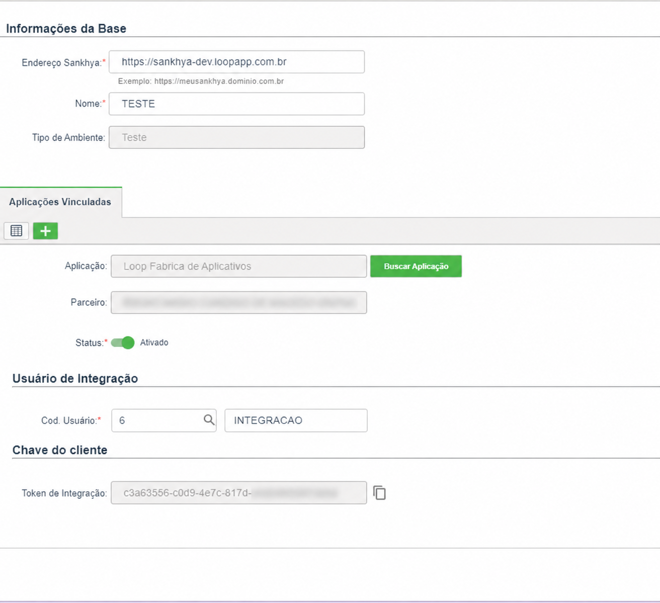 Tela Configuracoes Gateway mostrando usuario e Token de Integracao